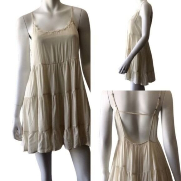 Flowy Cream Dress With Floral Accent Neckline - Picture 1 of 5